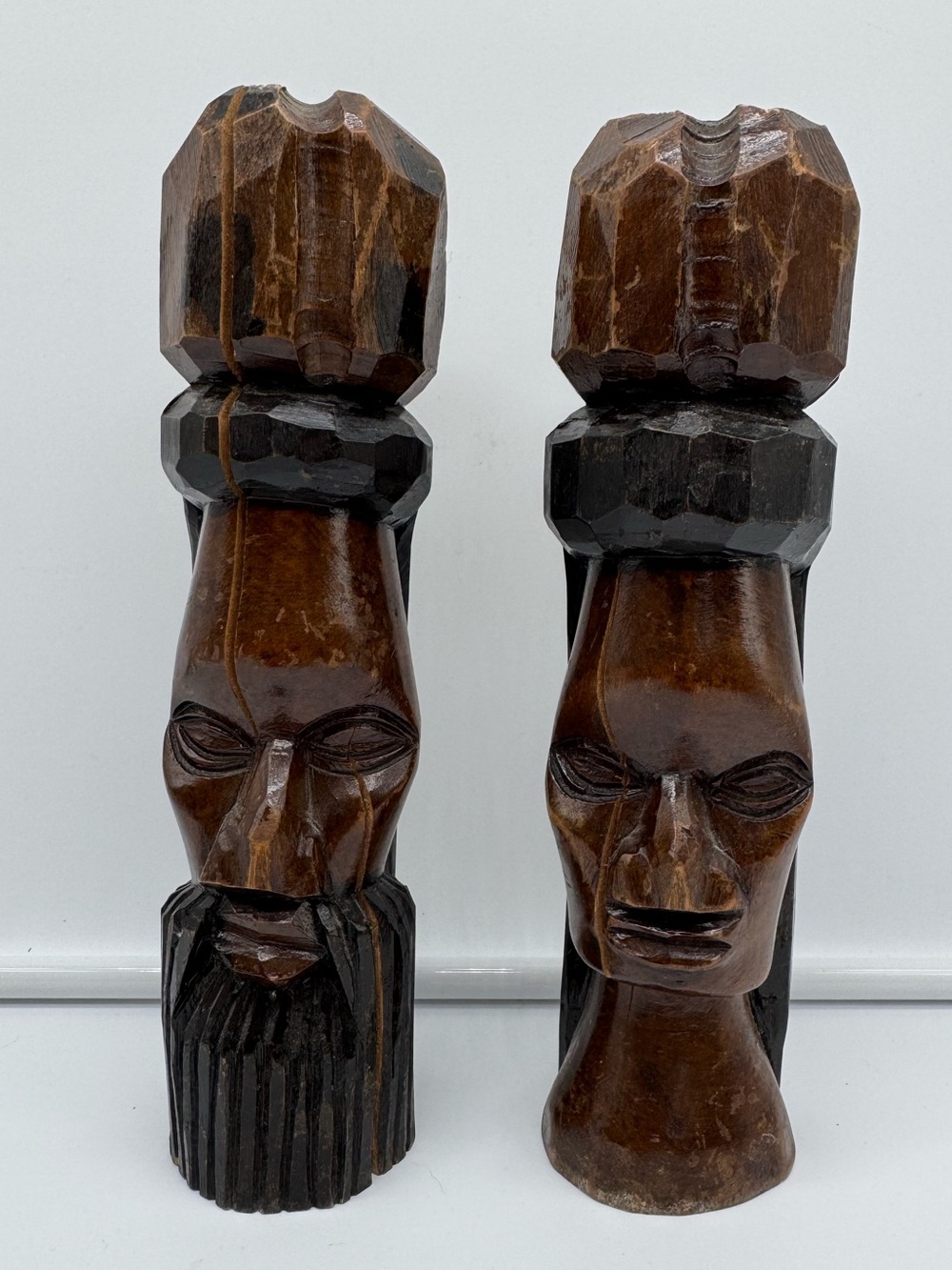 Vintage Jamaican Hand Carved Wood Tribal Bust Figures Pair